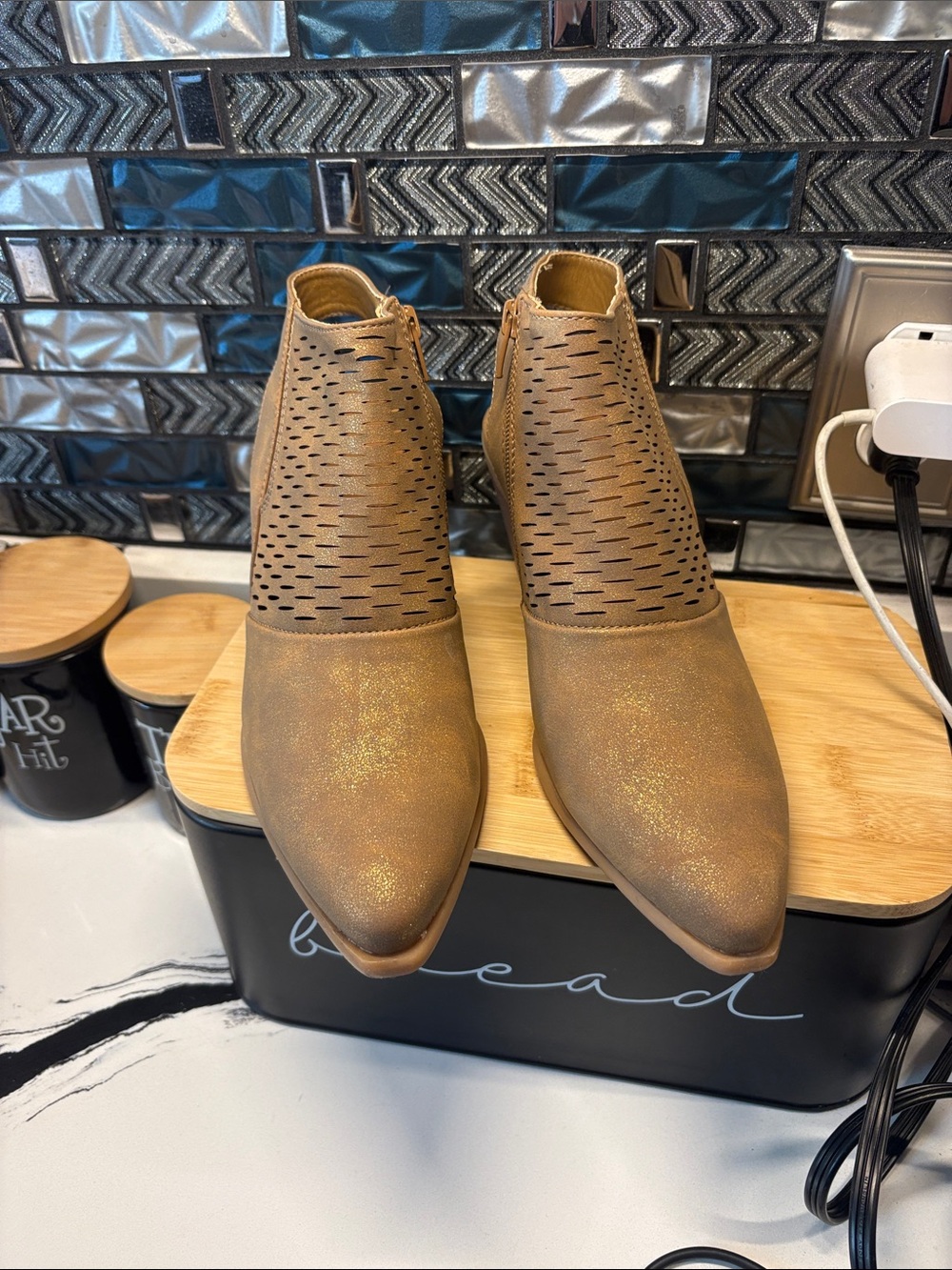 BareTraps Metallic Tan Perforated Pointed Ankle Booties